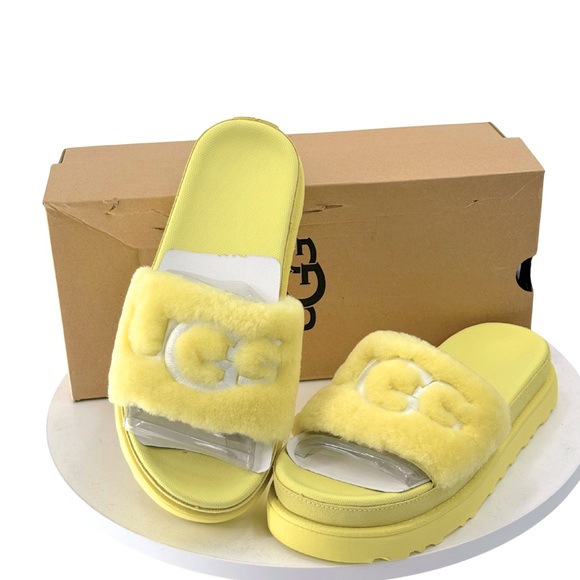 UGG Laton Fur Slide Sandals Yellow Sheepskin Logo Platform Women’s Size 8 NIB - Picture 1 of 13